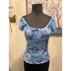 Marianne Blue Geometric Abstract‎ Print Off Shoulder Tie Front Top Y2K Small